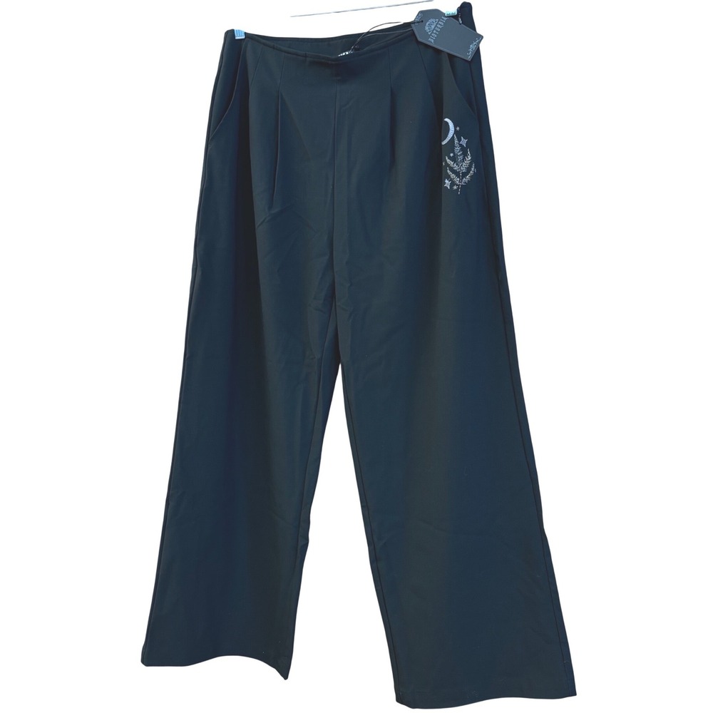 Wide-Leg Black Womens Pants with Subtle Embroidery